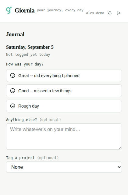 Journal screen in Giornia