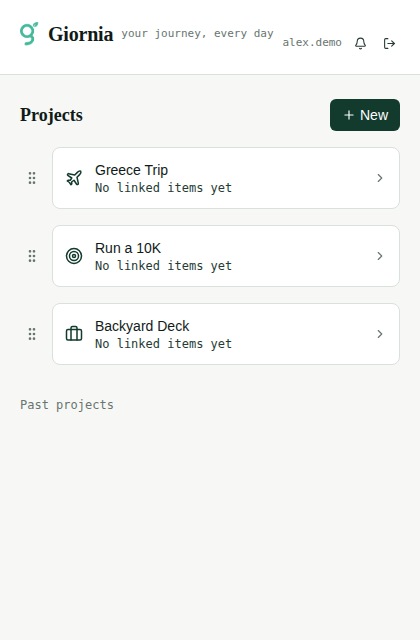 Projects screen in Giornia