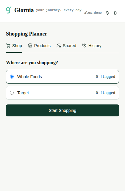 Shopping screen in Giornia